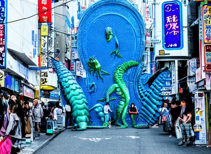 Prompt: reptilian aliens stepping out of a blue portal in a busy japanese street, award winning photo