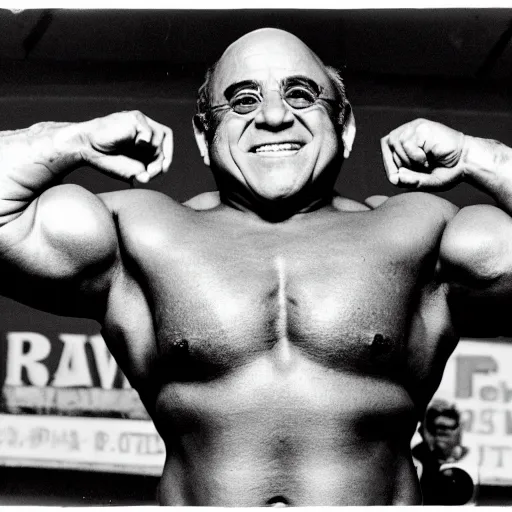 Image similar to photograph of danny devito as a professional bodybuilder, happy facial expression, black and white photograph, 3 5 mm