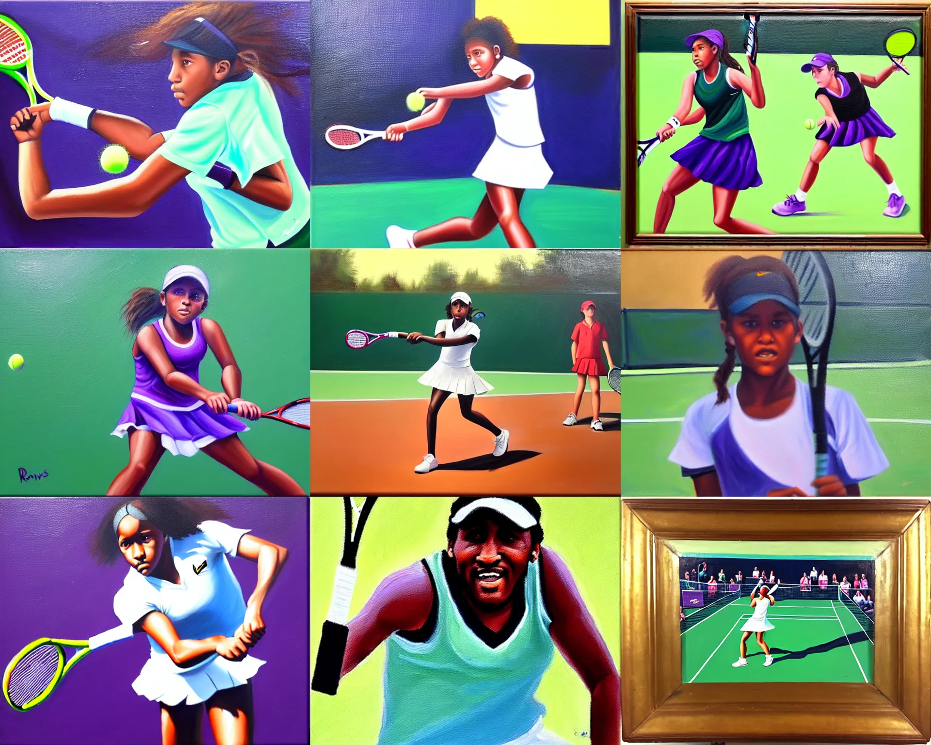 Prompt: ray lewis playing tennis high school girls, oil on canvas