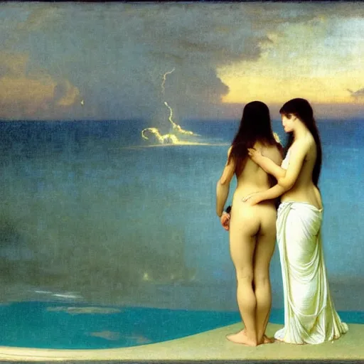 Image similar to Silhouette of two girl at the palace, thunderstorm, greek pool, beach and palm trees on the background major arcana sky, by paul delaroche, alphonse mucha and arnold böcklin arnold böcklin hyperrealistic 8k, very detailed