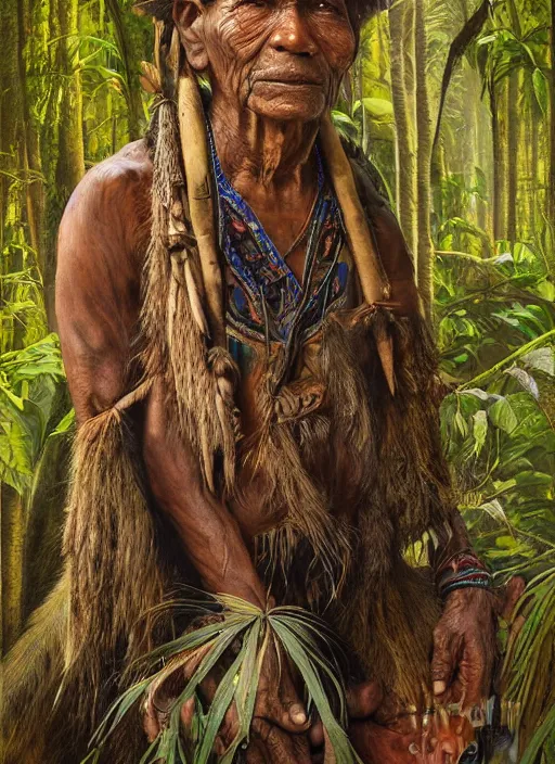 Prompt: a beautiful painting portrait of a very old indigenous grand-father in the amazon jungle, matte painting, fantasy art, ayahuasca, highly detailed