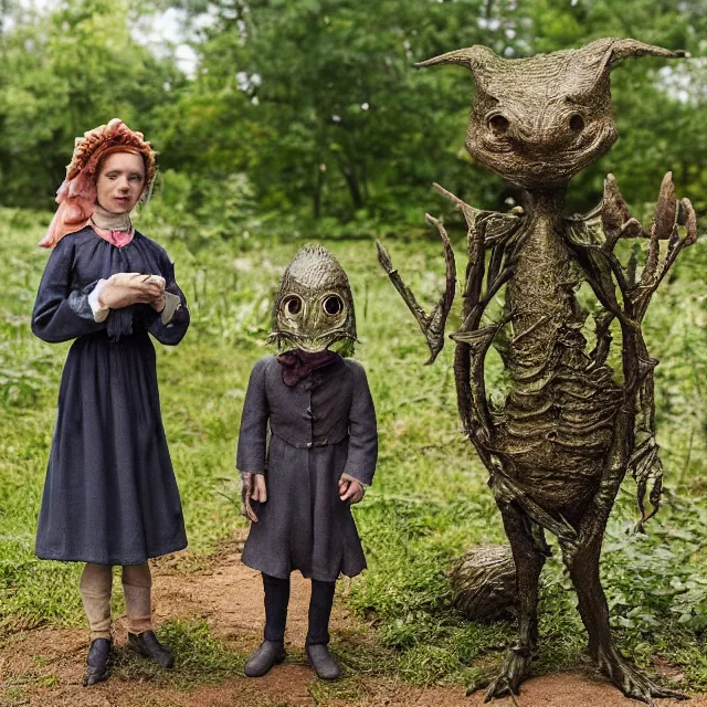 Prompt: detailed, sharp, a girl and a boy standing next to some strange wild alien plants, looking happy, wearing 1840s era clothes, their small pet tiny alien creature is standing nearby, in a park on a strange alien planet, extremely highly detailed, 70mm still from a classic period sci fi color movie, 4k, 35mm macro lens, cinematic lighting