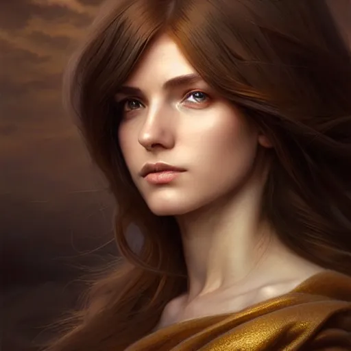 Image similar to brown haired mage medium portrait, gentle, female, city landscape, norway, d & d, fantasy, intricate, elegant, highly detailed, digital painting, brown and gold color palette, artstation, octane render, concept art, matte, sharp focus, illustration, herrarthstone, art by artgerm and greg rutkowski and alphonse mucha