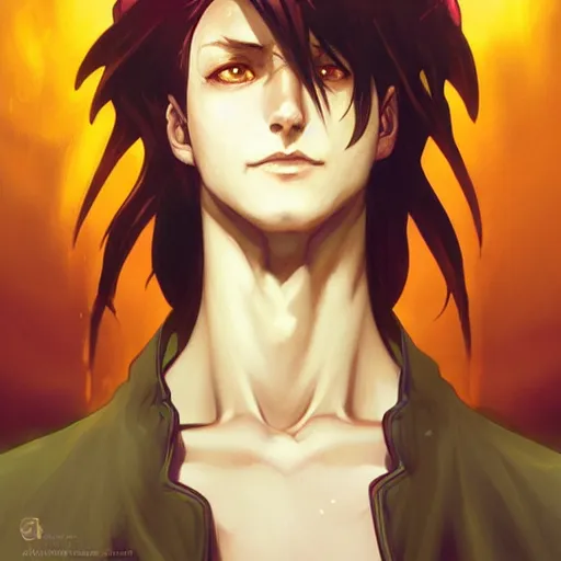 Prompt: portrait of hisoka morow hunter hunter, male, upper body sharp jaw yellow eyes small eyes red hair, medium length hair, anime, fantasy, intricate, elegant, highly detailed, digital painting, artstation, concept art, matte, sharp focus, illustration, art by artgerm and greg rutkowski and alphonse mucha