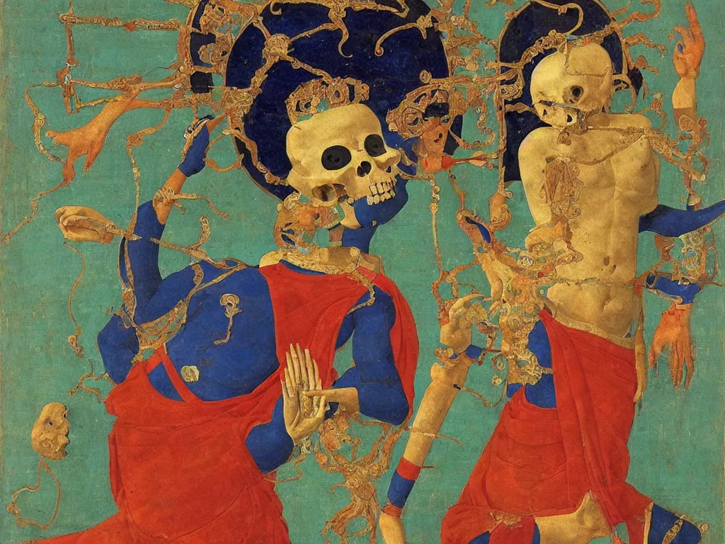 Prompt: Portrait of a Buddhist dancing deity with skull. Lapis Lazuli, malachite, cinnabar, gold. Painting by Piero della Francesca, Balthus, Agnes Pelton