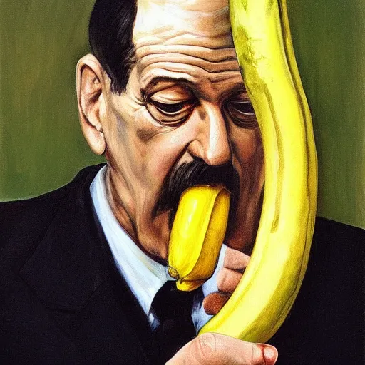 Prompt: “ painting of sigmund freud eating a peeled banana, freudian, by lucian freud ”