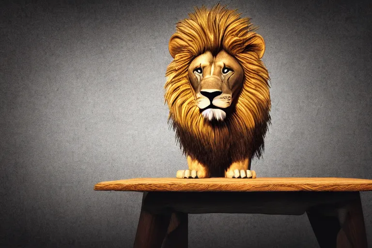 Image similar to Lion on a wooden table, cinematic, wide angle, concept art