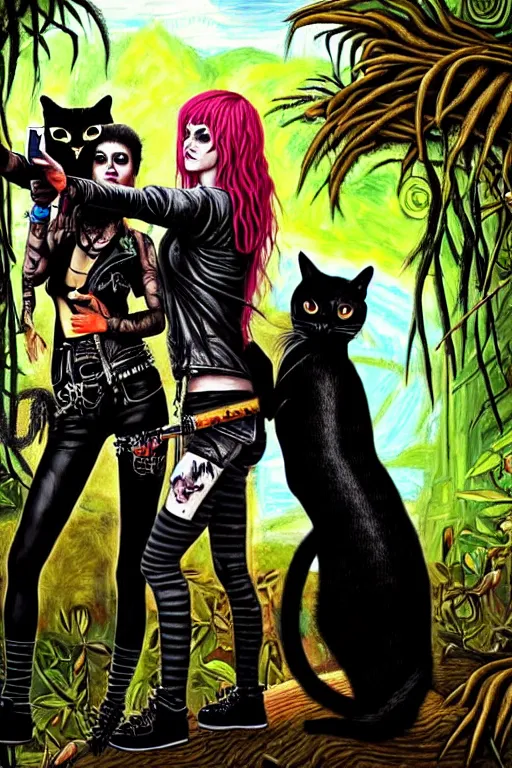 Image similar to punk rock girls making selfie with black cats in jungle , 1980 style, mad max jacket, post apocalyptic, renaissance, highly detailed, digital painting, 4k, oil painting by Leonardo Da Vinci, hyper realistic style, fantasy by Olga Fedorova