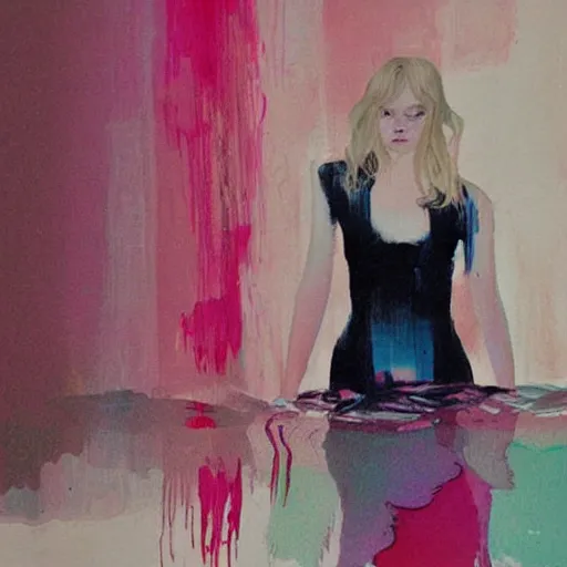 Prompt: abstract painting of Elle Fanning in a flooded house, by Bill Sienkiewicz