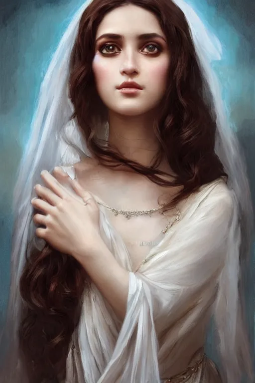 Prompt: brown ameera al taweel, bright blue eyes, long wavy black hair, white veil, front closeup, cinnamon #b57e59 skin color, elegant, highly detailed, centered, oil painting, artstation, concept art by tom bagshaw