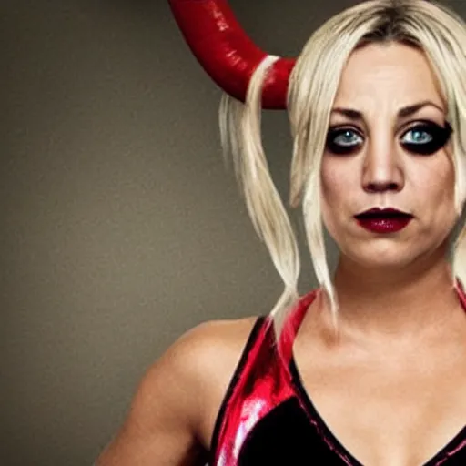 Image similar to A still of Kaley Cuoco as Harley Quinn