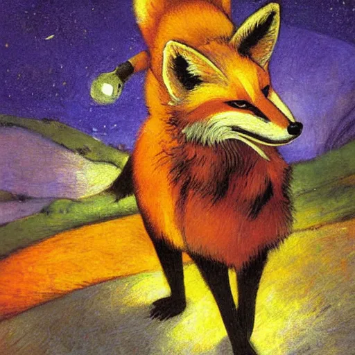 Image similar to an oversized fox with a saddle on its back, being ridden by a raccoon, digital art, furry art, glowing with silver light, painting by franz marc, by jean - leon gerome, by winsor mccay, today's featured photograph, 1 6 k, character design, realistic, detailed