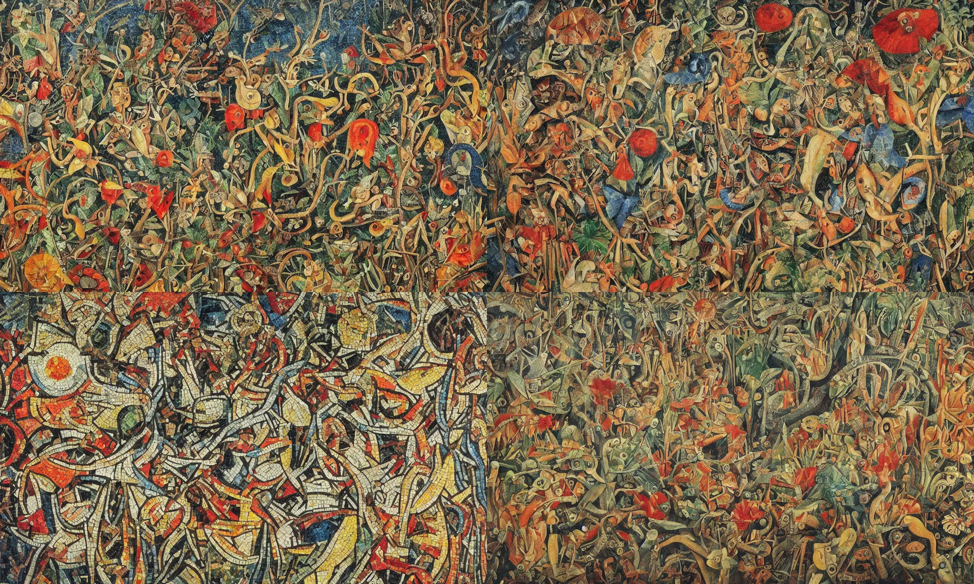 Prompt: an incredibly detailed masterpiece painting of a mosaic mural painted by bosch and jackson pollock and frida kahlo, ornate, beautiful, bold colors, detailed, high resolution, wow!, intricate