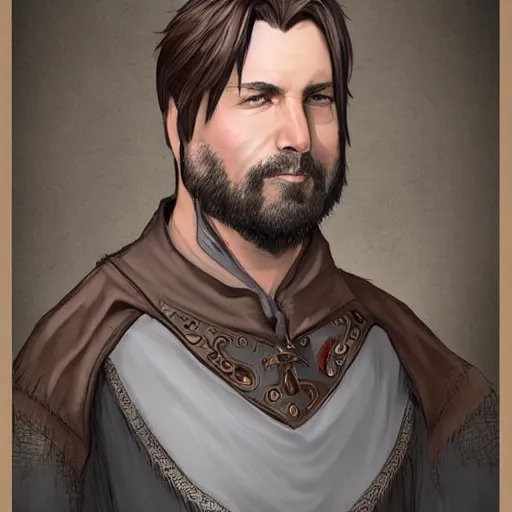 Image similar to 5 0 years old man, tall, stocky : : brown hair, sympathetic, designer stubble : : decorated medieval clothing : : high detail, digital art, rpg, concept art, illustration