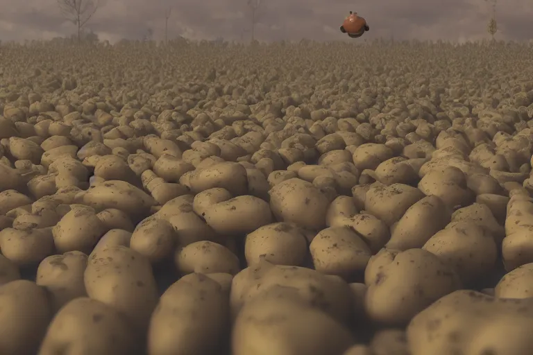 Image similar to the potato king appears before the large crowd of his subjects in all his glory, concept art, blender, googly eyes, realistic dirt.