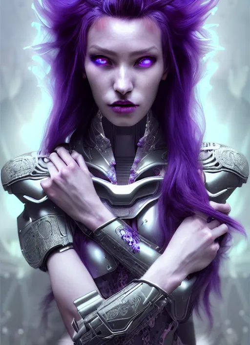 Image similar to a photorealistic detailed image of a beautiful stoic vampire in sci - fi bionic armor with purple hair, detailed, intricate, elegant, highly detailed, digital painting, artstation, concept art, smooth, sharp focus, illustration, art by hana yata, artem demura, alphonse mucha, octane render, unreal engine, 8 k