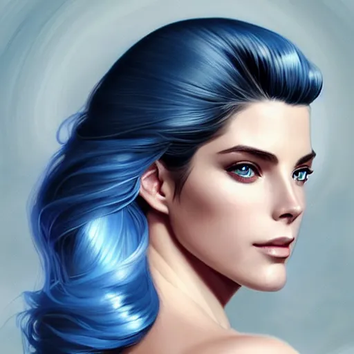 Prompt: Ashley Greene's face combined with Grace Kelly's face with blue hair wearing Final Fantasy Armor, western, D&D, fantasy, intricate, elegant, highly detailed, digital painting, artstation, concept art, matte, sharp focus, illustration, art by Artgerm and Greg Rutkowski and Alphonse Mucha