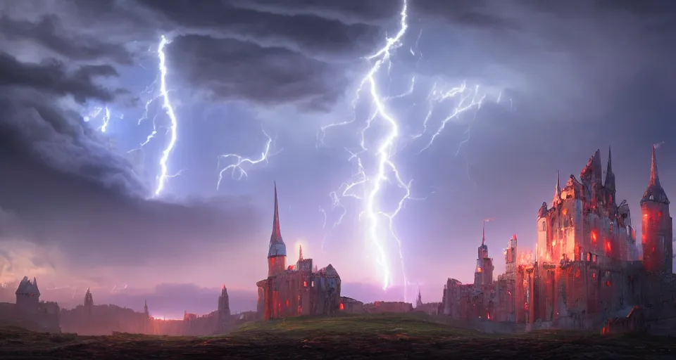 Image similar to Landscape with GIANT lightning bolt striking a medieval castle, center composition, cinematic, rendered by Beeple, Makoto Shinkai, environment concept, digital art, unreal engine, 3 point perspective, WLOP, trending on artstation, low level, 4K UHD image, octane render,