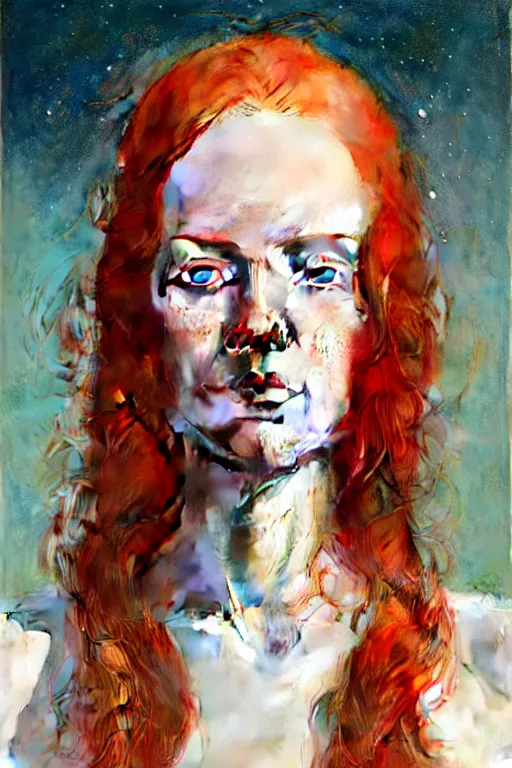 Image similar to of beautiful redhead female, beauty portrait by greg rutkowski, hilma af klint, moebius, victo ngai, sharp focus, global illumination, highly detailed, masterpiece, award winning, post processing