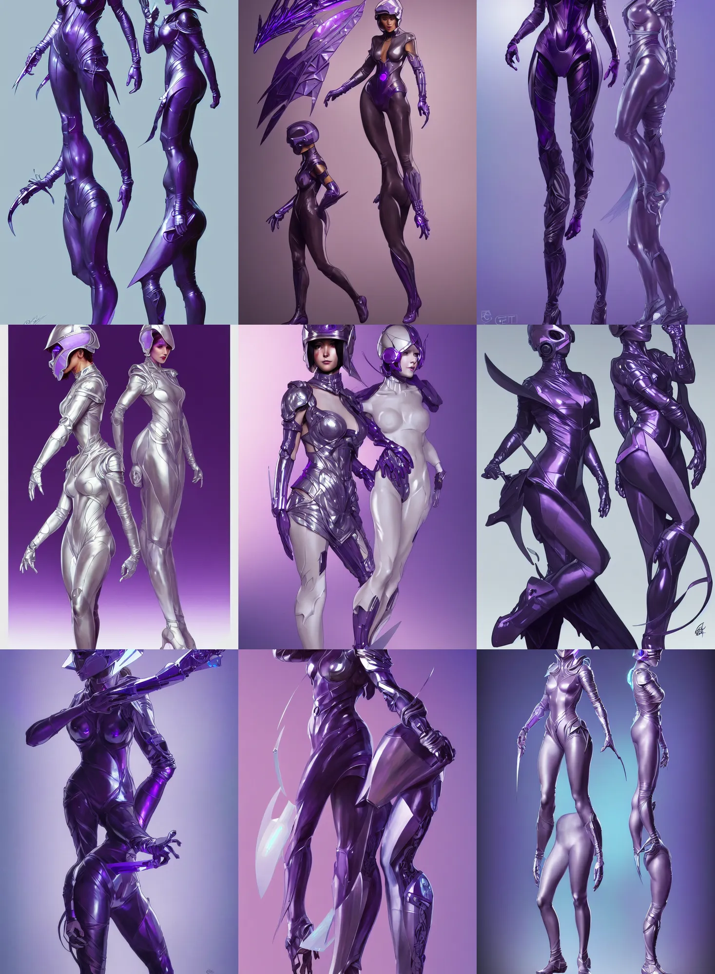 Image similar to a full body character design by artgerm, greg rutkowski and alphonse mucha. sci - fi dagger. 8 0 % laser and 2 0 % bluish violet translucent plastic tape project show attctive showgirl!! sci - fi helmet!! sharp edges. contour light effect!!. ultra detailed, elegant, intricate, octane render.