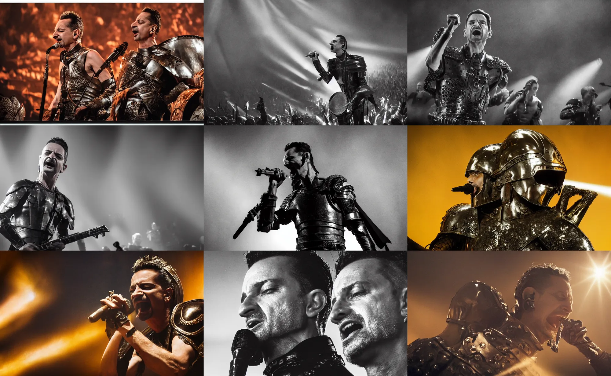 Prompt: cinematic close up artwork of dave gahan wearing armor and singing in front of warriors fighting in battle by greg rutowski, 4 k, sun rays, masterpiece