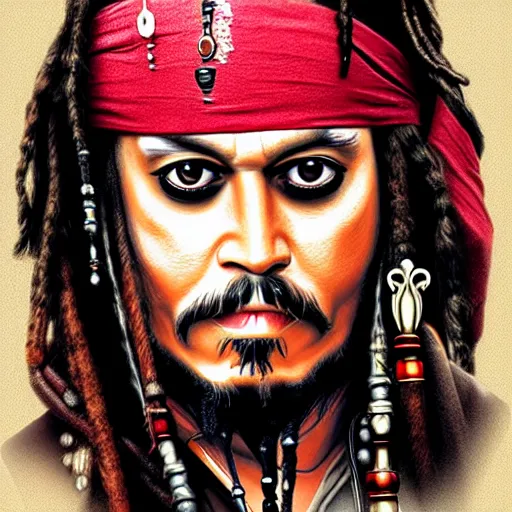 Image similar to portrait of captain jack sparrow, clear clean face, symmetrical face, ilya kushinov style