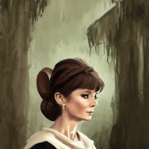 Image similar to a beautiful woman, beauty, looks like Audrey Hepburn, bard, brown hair, messy hairstyle, bangs, cream colored peasant shirt, brown pants, leather boots, dark green cloak, round hood, elf ears, youthful, white background, proportionate, by Greg Rutkowski and Tony Sart, trending on artstation, realistic, highly detailed, masterpiece