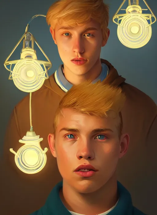 Image similar to portrait of high school senior boy named big moose, blonde short hair, jock, beefy, wide face, square jaw, square facial structure, blue varsity jacket with letter r, intricate, elegant, glowing lights, highly detailed, digital painting, artstation, concept art, sharp focus, illustration, art by wlop, mars ravelo and greg rutkowski