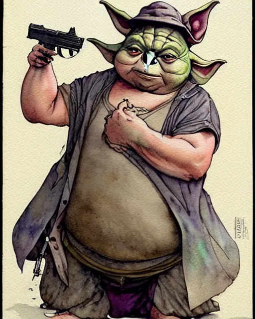 Image similar to a realistic and atmospheric watercolour fantasy character concept art portrait of a fat sleazy homeless chibi yoda wearing a wife beater and holding a handgun, by rebecca guay, michael kaluta, charles vess and jean moebius giraud