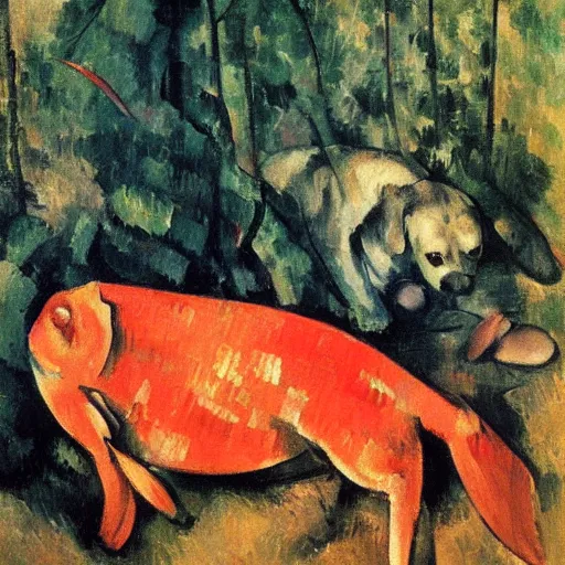 Prompt: dog with red fishes, by cezanne, oil on canvas