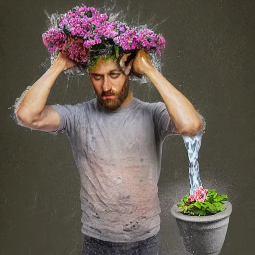 Image similar to man pouring water on head, flowers are in a pot on his head, the pot is part of his head, high detail, 8K digital art