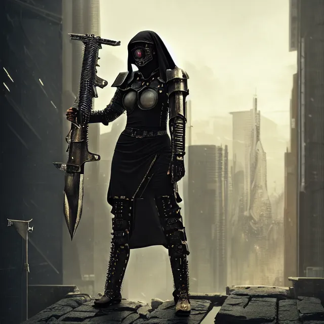 Image similar to cyberpunk armoured nun warrior with holy weapons, highly detailed, 8 k, hdr, smooth, sharp focus, high resolution, award - winning photo