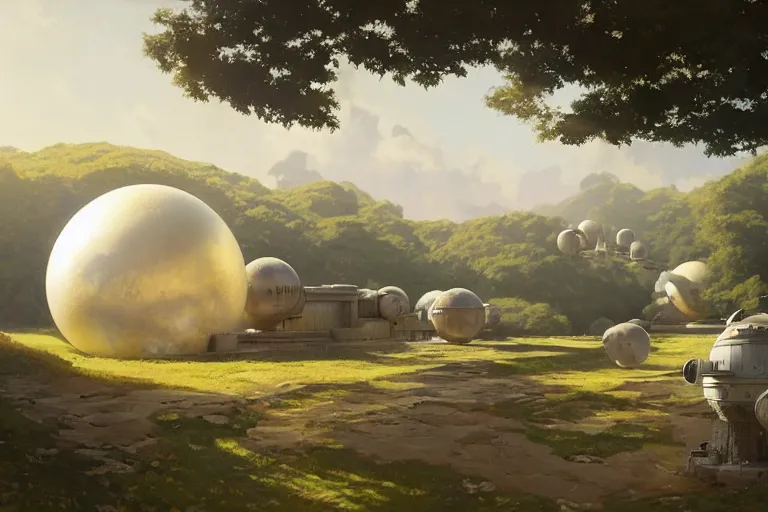 Image similar to a beautiful science fiction factory with a spherical design by starwars and army on a hill in the french countryside during spring season, highly detailed painting by studio ghibli hd and louis remy mignot, leyendecker, craig mullins, nice afternoon lighting, smooth tiny details, soft and clear shadows, low contrast, perfect