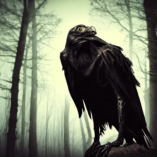 Prompt: werecreature consisting of a crow and a human, featured on artstation, photograph captured in a dark forest