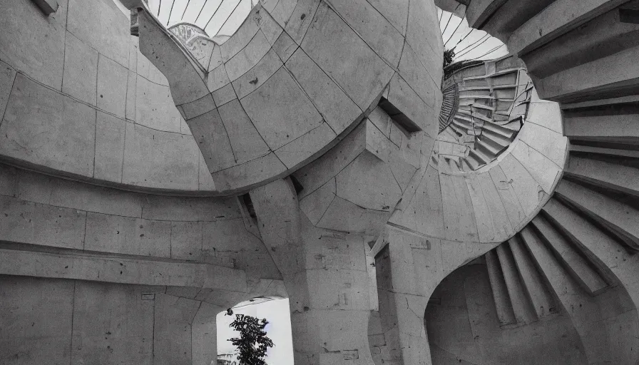 Prompt: a huge neoclassical brutalist spherical building with very high walls and stairs, cinestill 8 0 0 t 3 5 mm, heavy grain, high quality, high detailed