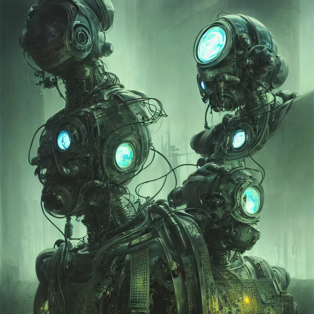 Image similar to low angle shot of a cyberpunk robot character wearing a gazmask in chernobyl, green eyes, intricate, elegant, highly detailed, centered, digital painting, artstation, concept art, smooth, sharp focus, illustration, artgerm, Tomasz Alen Kopera, Peter Mohrbacher, donato giancola, Joseph Christian Leyendecker, WLOP, Boris Vallejo