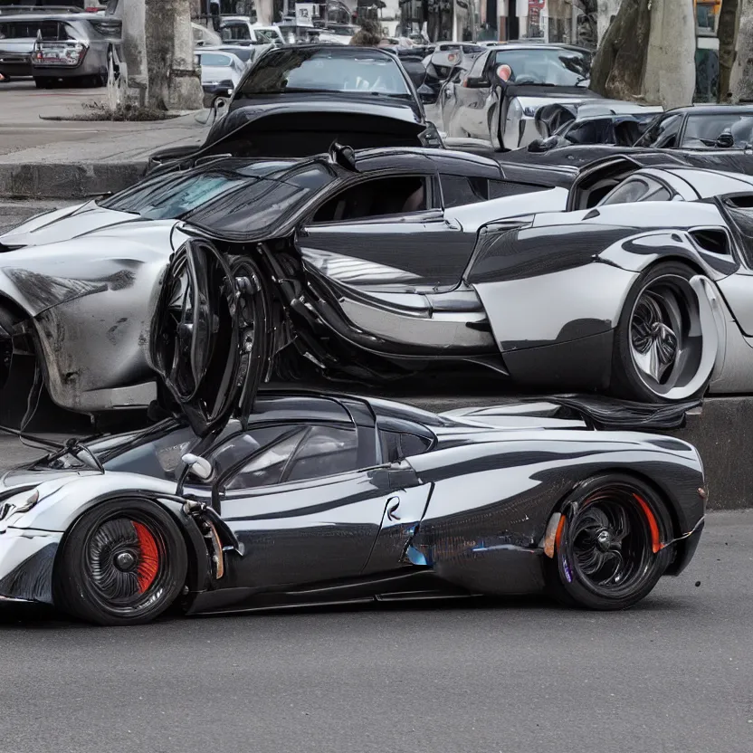 Image similar to my awesome pagani huayra after a fender bender, 4 k, highly detailed, award winning, look at all that detail!