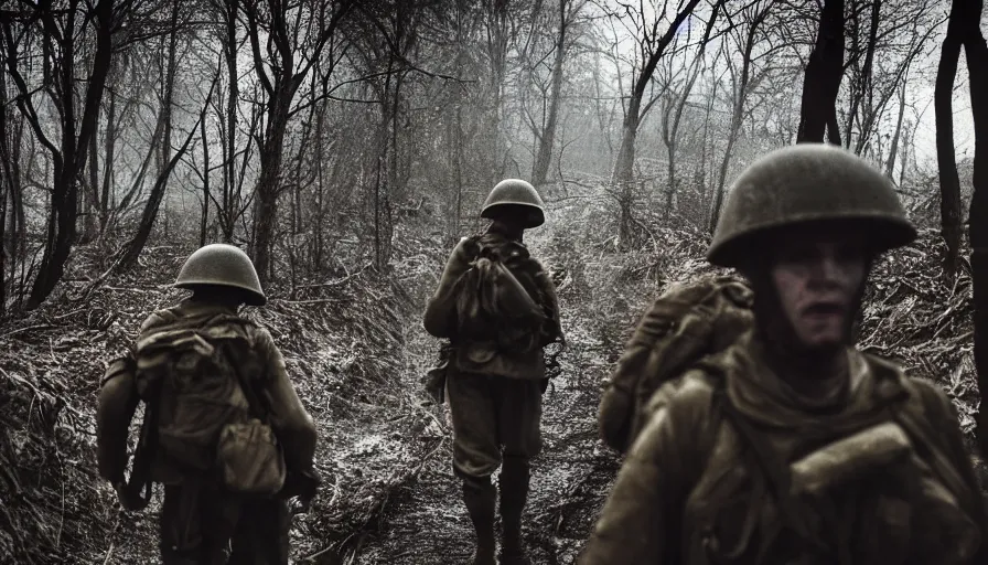 Image similar to ghosts of dead World War 1 soldiers patrolling abandoned WW1 trenches, dirty lens, cinematic lighting, IMAX cinematography, 35mm