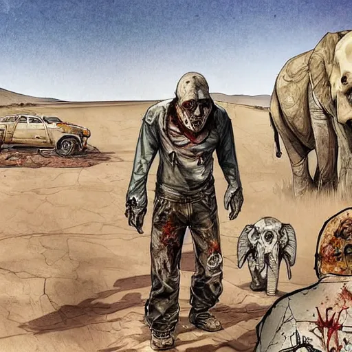 Image similar to a sketch of a decomposing zombie in a post - apocalyptic desert, gta 5 cover art style, the desert is in watercolor, elephant skull, pencil, intermediate art, paper art, pencil, bold lines, humans with apocalypse clothes on in the background, by an gta 5 loading screen artist