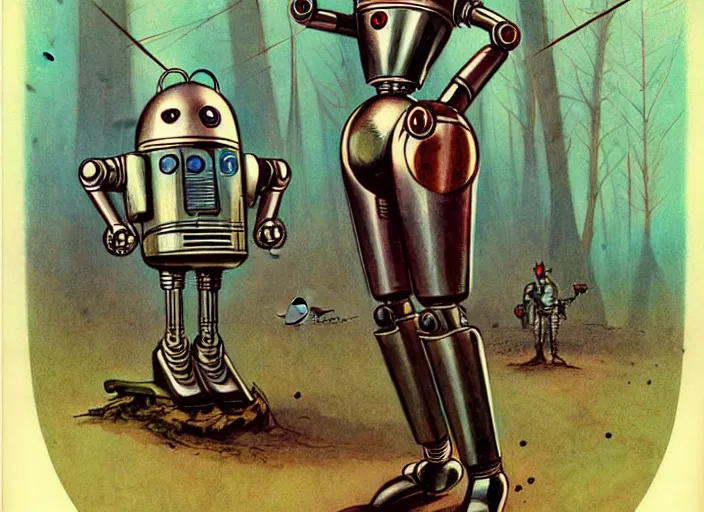 Image similar to 1 9 5 0 s retro - future robot android, forrest in background, muted colors, by jean baptiste monge, chrome red