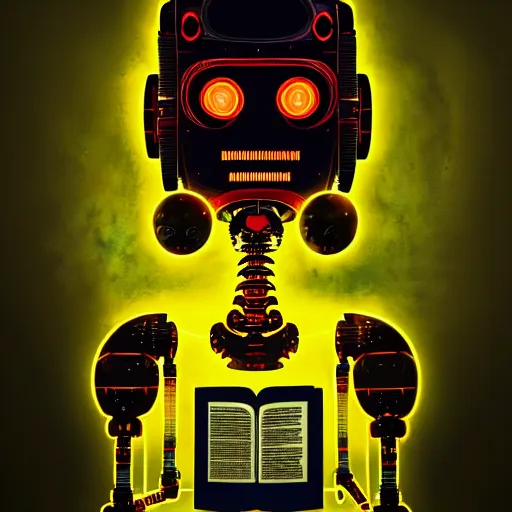 Prompt: dark scifi illustration 3 / 4 portrait of a robot reading necronomicon. cinematic lighting mad scientist style. golden ratio accidental renaissance. in the style of jean michel basquiat. graffiti art, scifi, fantasy, hyper detailed. octane render. concept art. trending on artstation