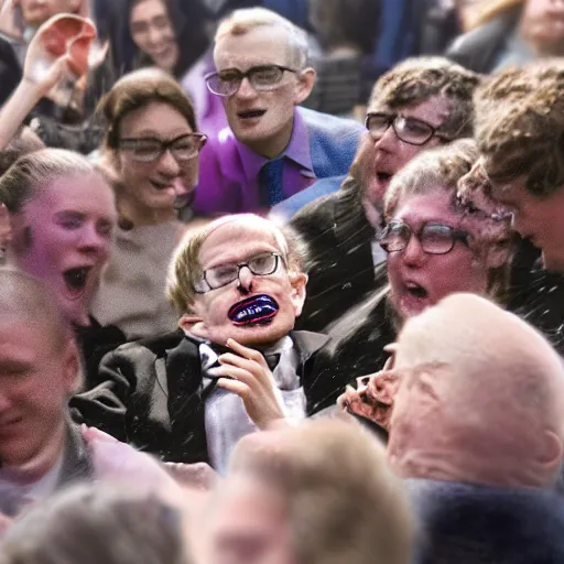 Image similar to several clones of stephen hawking raving in a muddy mosh pit