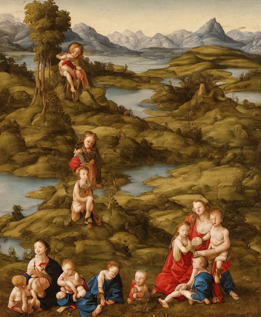 Prompt: Madonna sitting and playing with two small boys in a dried out meadow, boy holding cross, lake, mountains, town in background, in the style of Raffael, oil painting, Italian Renaissance