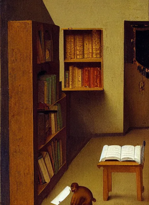 Image similar to bookshelf with books and children toys, medieval painting by jan van eyck, johannes vermeer, florence