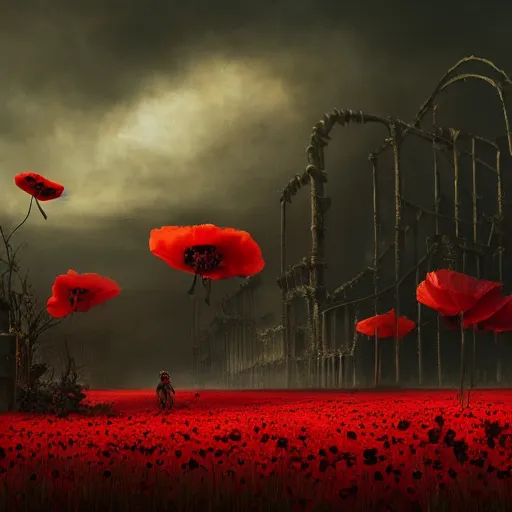 Prompt: ominous red cumulonimbus poppies in a skeleton farm, red sun, in style of Doom, insanely detailed and intricate, golden ratio, elegant, ornate, unfathomable horror, elite, ominous, haunting, matte painting, cinematic, cgsociety, Darius Zawadzki, vivid and vibrant