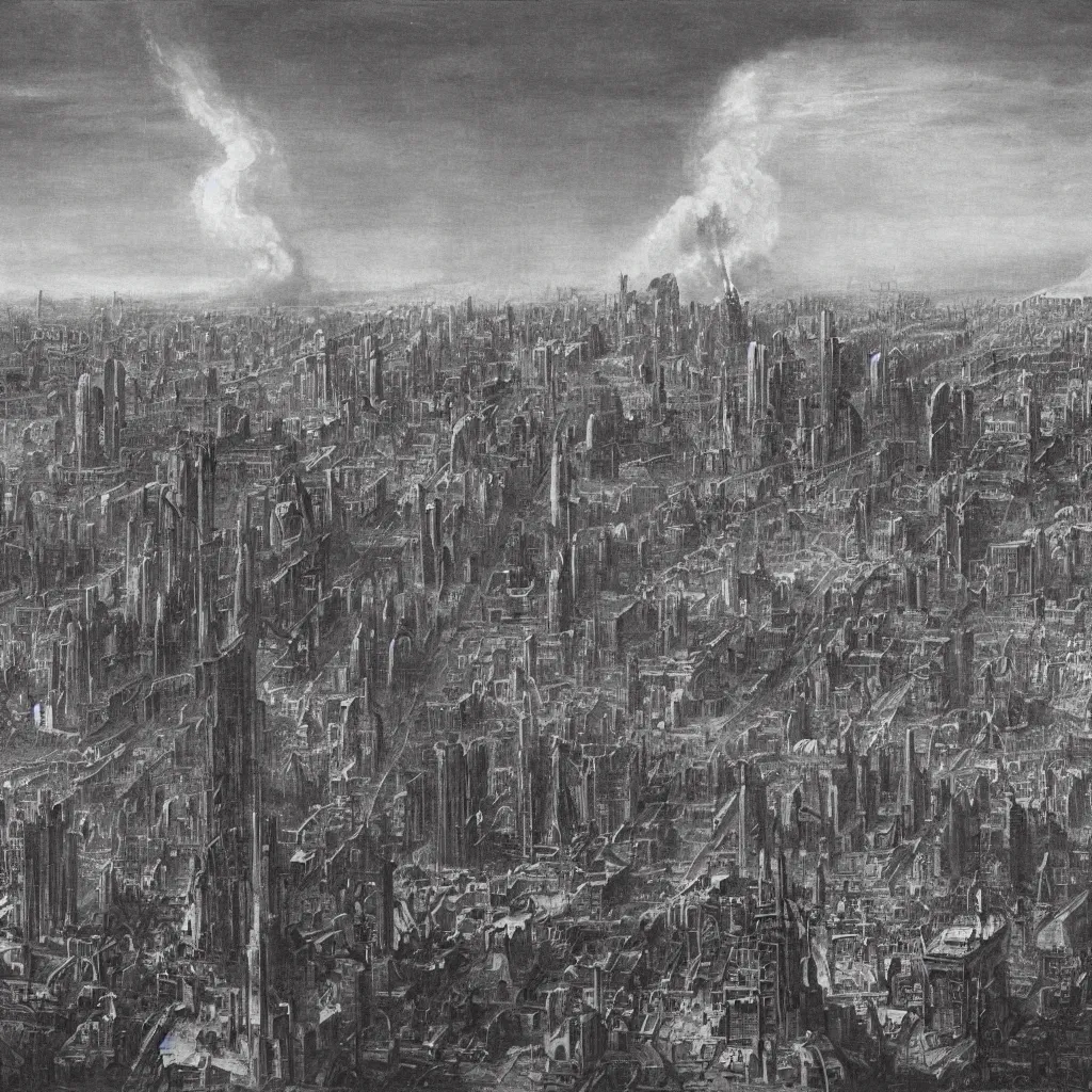 Image similar to [a nuclear explosion in a city center] in the center, [a baroque futuristic city skyline in the background], [nuclear explosions and fire]