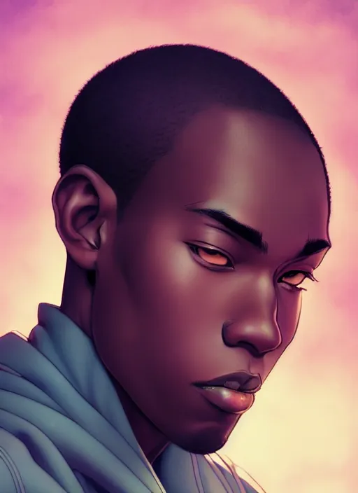 Image similar to handsome hip hop young black man, no hands, model pose, sad, anime style, scenery wallpaper aesthetic, pastel colors, symmetrical face, cinematic, dramatic, super detailed and intricate, hyper realistic, 4 k render, by artgerm, by kyoung hwan kim, by ralph mcquarrie, by yoshiyuki tomino