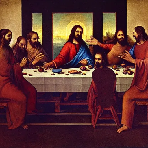 Image similar to the vampires from the show What we do in the shadows in the painting of the last supper by Leonard Da Vinci , photograph, ultrarealistic