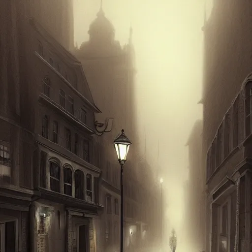 Prompt: victorian city street, dark, misty, at night, 8 k, detailed, concept art, trending on artstation