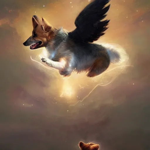 Prompt: corgi with [ angelic wings ]!!, [ flying like a superhero ]!! in the [ night sky ]!! where the stars are visibly perceptible, [ realistic photo ]!!, [ illustrated by greg rutkowski ]!!, trending on artstation